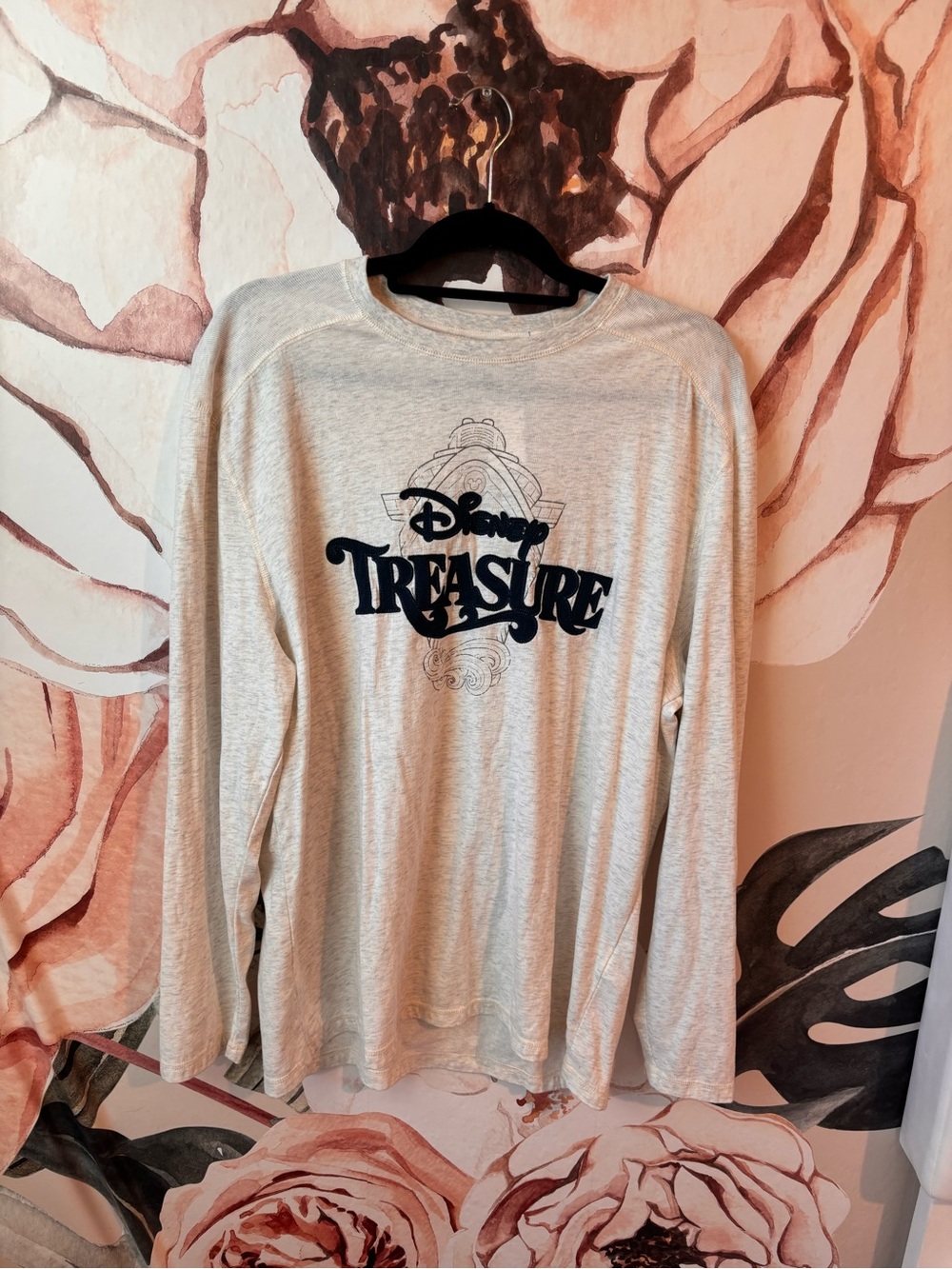 Disney Long Sleeve 'Treasure' Logo Tee - Light Gray and Navy